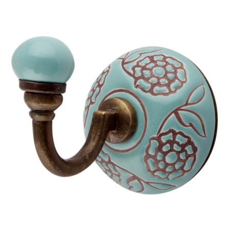 Sea Green Brown Marigold Flower Etched Ceramic Wall Hook
